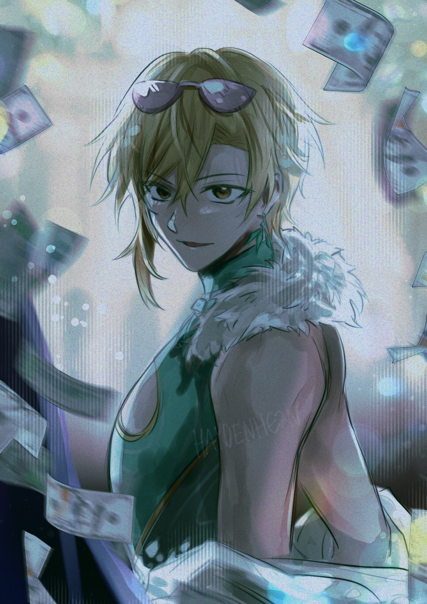a digital art illustration of an anime girl with blonde hair wearing sunglasses, a green dress, and a white fur collar. she is surrounded by money, which is floating around her. the artwork has a blue and green color scheme, and the girl is looking directly at the viewer.