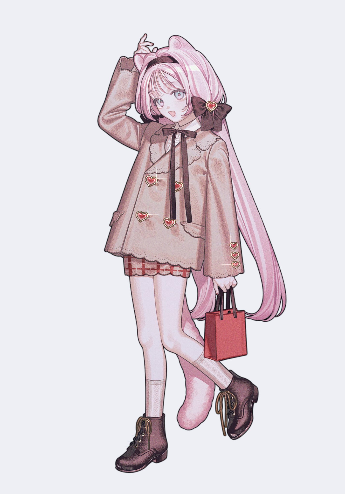 the image is a digital illustration of a cute anime girl with long pink hair. she's wearing a light brown coat with heartshaped buttons, a plaid skirt, and brown boots. she's carrying a small red shopping bag and has a playful expression on her face. the overall style is kawaii and adorable. the art is detailed and wellexecuted, showing a high level of skill.  her hair is styled with a bow and she appears to have cat ears peeking out from under her hair.