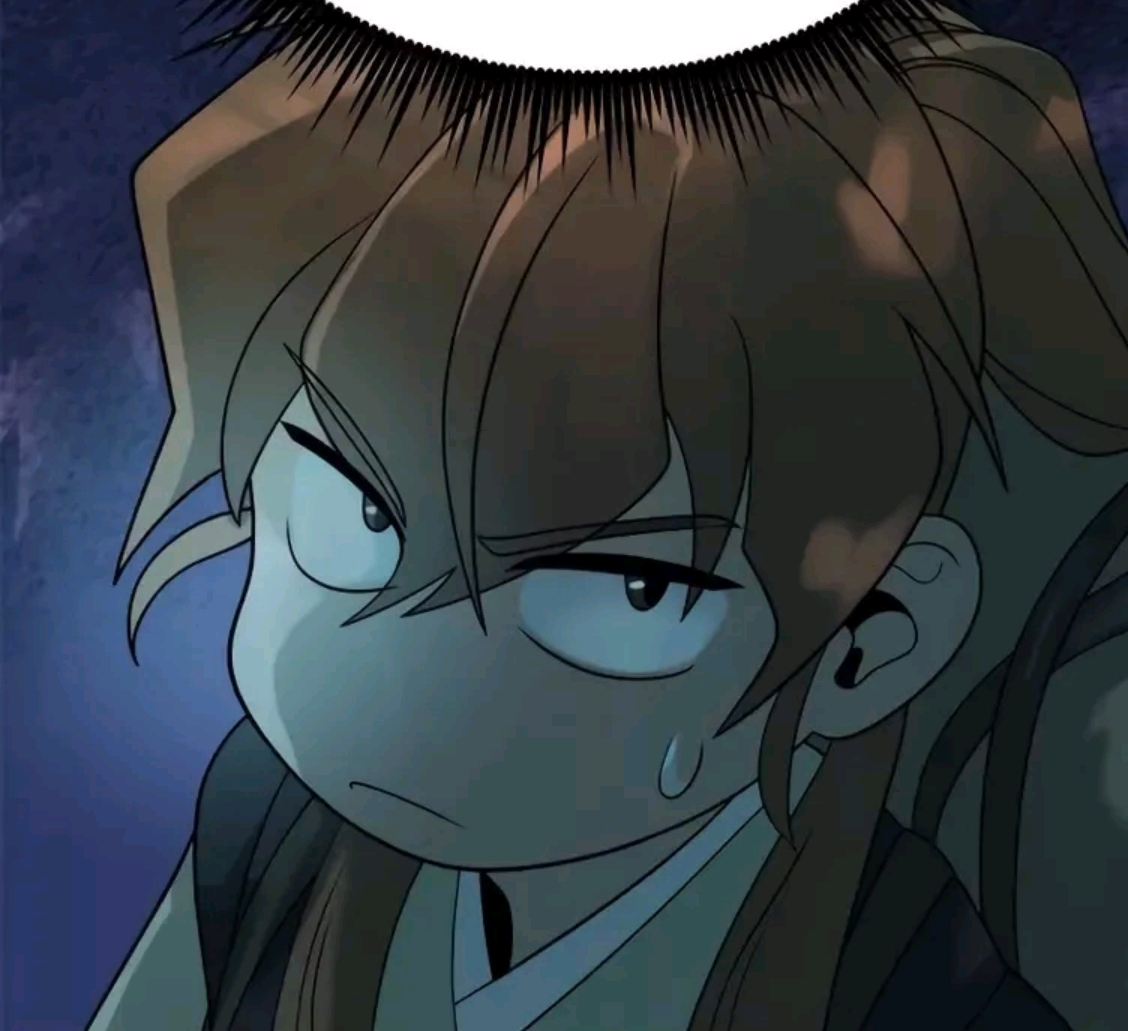 a closeup, cartoonstyle image of a young boy looking visibly angry and/or concerned. he is depicted with furrowed eyebrows, a slight scowl, and a sweat drop is visible on his face, indicating stress or discomfort. the art style is reminiscent of a comic or manga, and the character has distinctive hair and ear features.