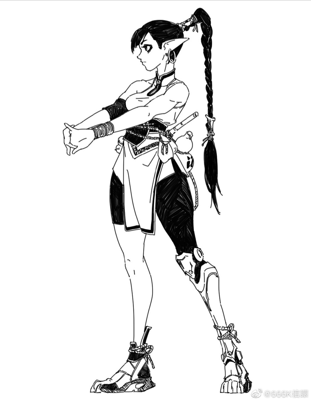 the image is a black and white ink drawing of a female elf warrior. she has long braided hair tied up in a ponytail, pointed ears, and is wearing an outfit that seems to be a mix of fantasy and modern elements.  she's depicted in a dynamic pose, suggesting movement and action, possibly martial arts. the style is reminiscent of anime or manga illustrations, with detailed linework and shading. the overall impression is one of strength and agility.