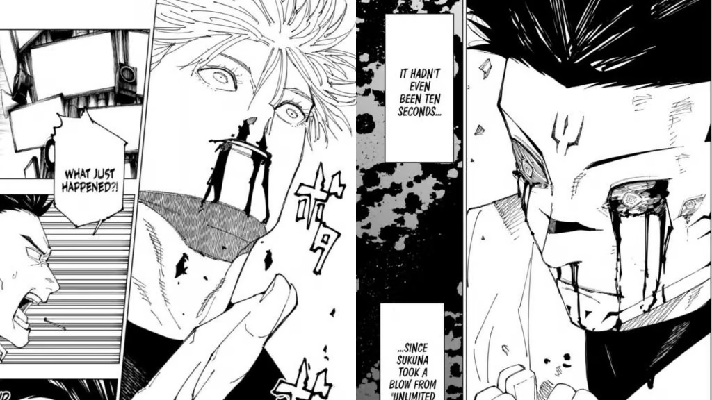 the image is a black and white manga panel split into three sections. the leftmost panel shows a man with short dark hair looking shocked and asking "what just happened?!" the middle panel shows a closeup of a man with light hair and a bleeding injury across his face, seemingly unconscious. the rightmost panel shows a closeup of the man with dark hair again, this time with a crazed expression and one eye bleeding. the captions indicate that barely any time has passed since the lighthaired man was injured by a powerful attack. the overall tone is one of shock, violence, and supernatural speed.