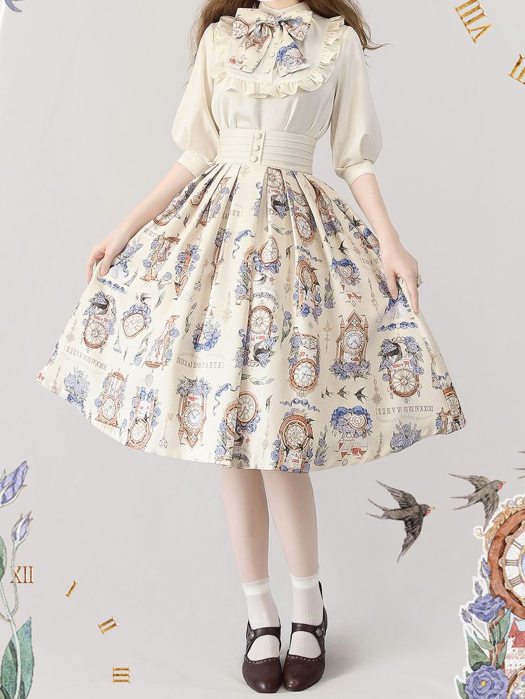 a woman is standing in front of a white background, wearing a lolita fashion outfit. she is wearing a white blouse with a ruffled collar and a beige skirt with a clock and bird print. she is also wearing white socks and brown mary jane shoes.