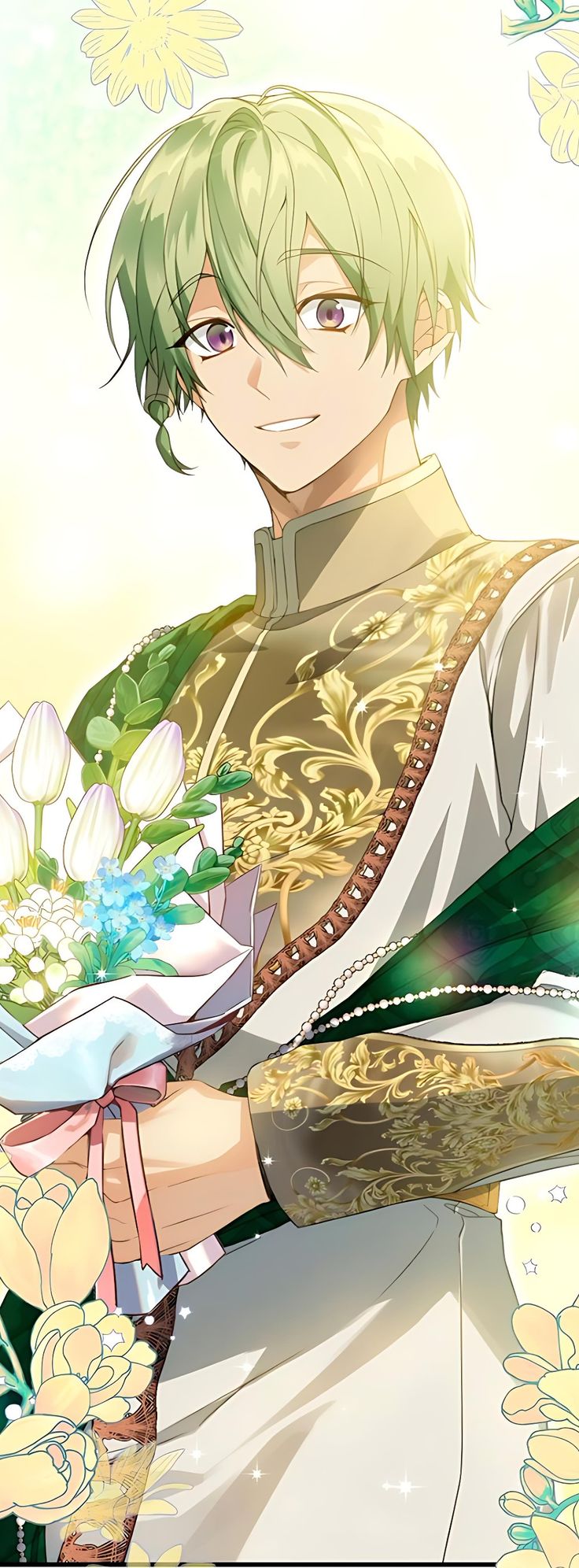 the image is a fullbody illustration of a young, animestyle male character. he has light green hair, purple eyes, and a gentle smile. he's dressed in an elaborate, ornate outfit featuring gold embroidery on a light beige base with green accents.  he holds a bouquet of white tulips and other smaller flowers, which are tied with a pink ribbon.  the background is a soft, light color with subtle floral elements. the overall style is romantic and elegant, suggesting a fantasy or romance setting. the character's appearance and attire suggest a noble or princely status.