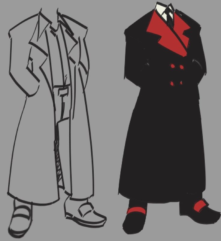 the image shows two men in long coats, the man on the left has a gray coat, the man on the right has a black coat with a red collar. both men are wearing shoes. the man on the left is standing in a relaxed pose, while the man on the right has his hands in his pockets. the image is drawn in a simple style.
