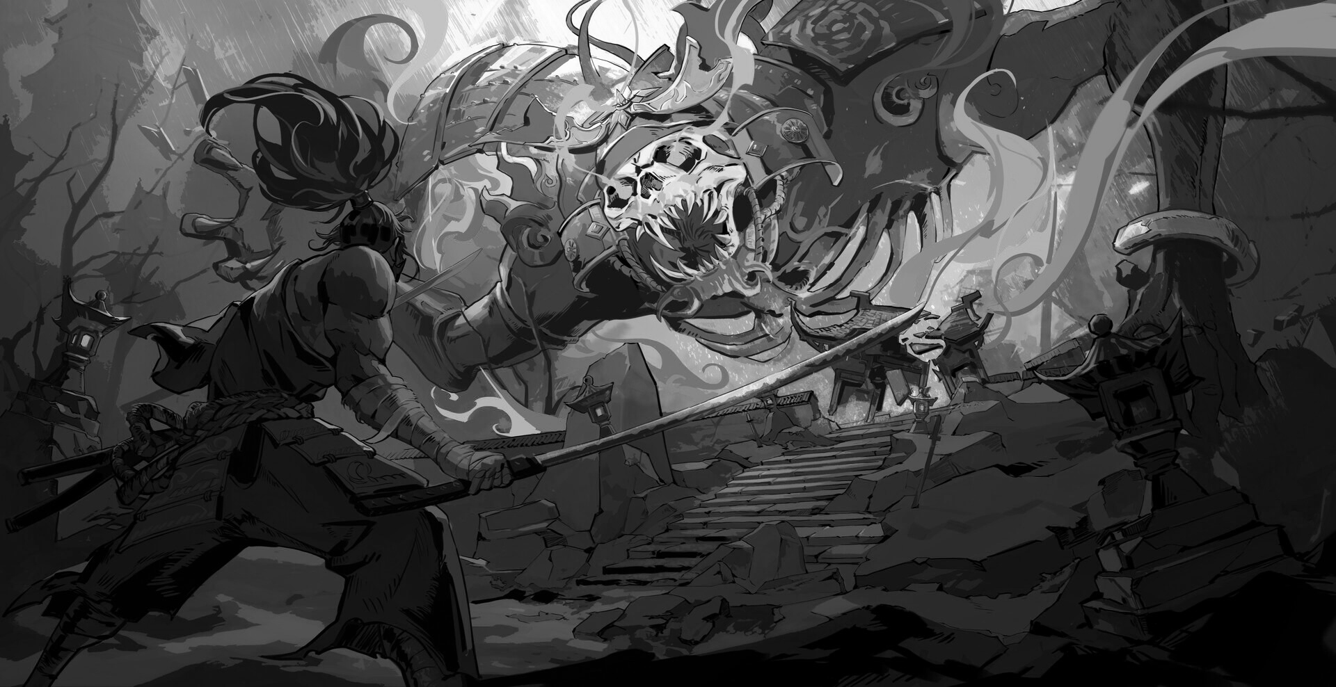 a samurai warrior, with a sword in his hand, faces off against a fearsome dragon or demonlike creature. the creature is in the background, its form obscured by smoke and mist, but its menacing face is clearly visible. the warrior stands in the foreground, his stance poised for battle.  the scene is set in a japaneseinspired environment, with ruined buildings and lanterns scattered around. the image is in black and white, which adds to its atmosphere of mystery and danger.