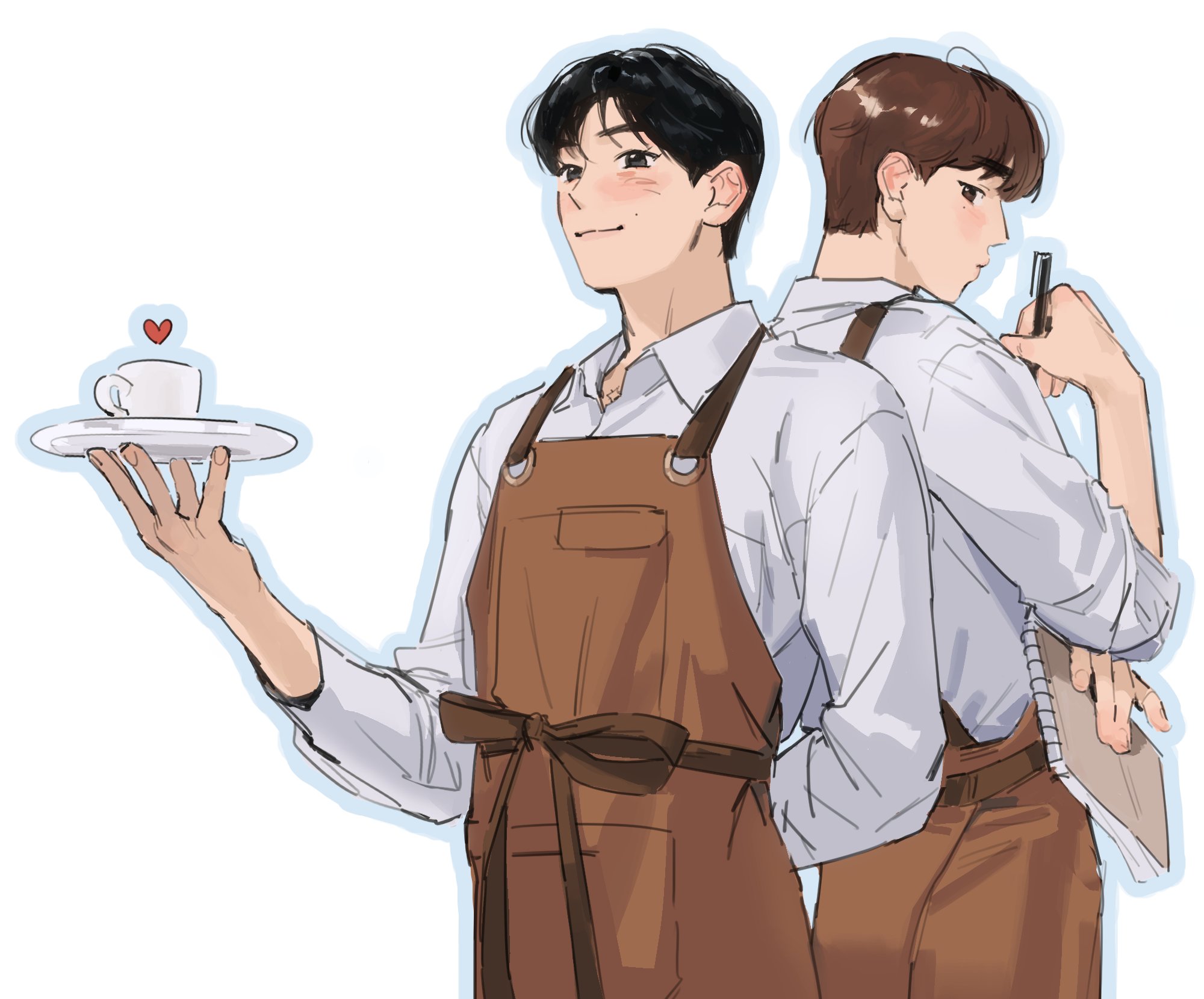 a digital illustration of two young men, likely a couple, working together as baristas. they are standing backtoback, both wearing matching brown aprons and white shirts. the man on the left is holding a tray with a cup of coffee on it, a small heart drawn above the cup. he is blushing and looking at the viewer. the man on the right is looking back over his shoulder with a slight smile, holding a pen and a notebook.  the art style is reminiscent of korean manhwa or webtoons, with soft colors and delicate linework.