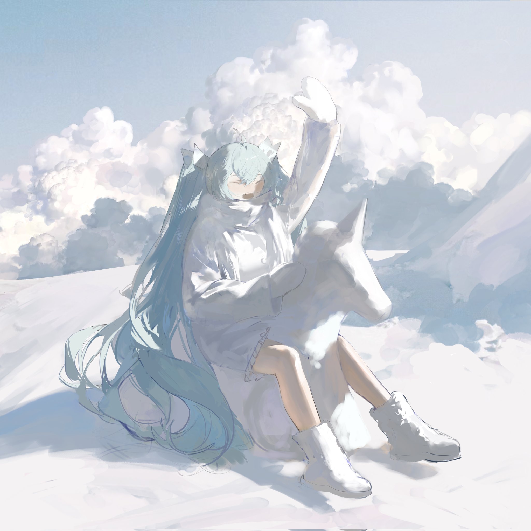 the image is a digital painting depicting a stylized anime girl, strongly resembling hatsune miku,  seated on a white unicornlike creature. she's wearing a fluffy white coat and boots, and her long, teal hair flows around her. the setting is a snowy landscape under a bright, cloudy sky. the overall style is soft, dreamy, and whimsical, with a focus on light and pastel colors. the scene evokes a feeling of peace and tranquility. the artistic style is painterly, with visible brushstrokes and soft blending.