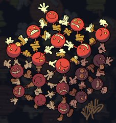 the image is a digital illustration featuring a repeating pattern of circular, red monsters. each monster has a unique angry expression with sharp teeth and glowing eyes. the monsters are interconnected by their hands, forming a complex and intertwined composition. the background is dark and textured, adding to the overall eerie and unsettling atmosphere of the artwork.