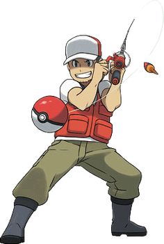 the image shows a male character, likely a pokémon trainer, in the act of casting a fishing rod. he's wearing a red fishing vest over a white shirt, with a matching red and white cap. his pose suggests action and excitement.