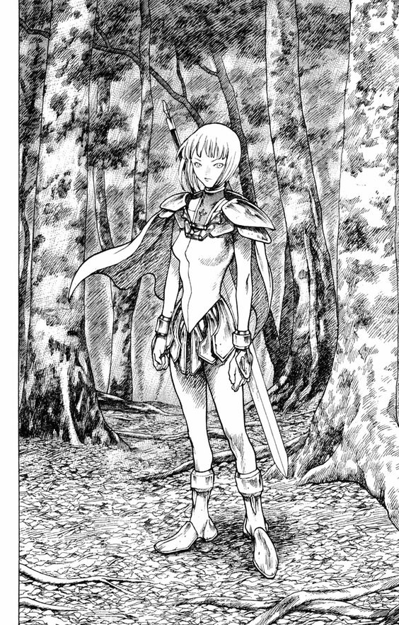 a young woman with short hair, clad in light armor and armed with a sword, stands alone in the middle of a forest path. the trees surrounding her are tall and dense, with their branches casting shadows on the ground. the woman has a determined expression on her face as if she is about to embark on a journey. the overall aesthetic of the image suggests a fantasy setting. the artwork is in black and white, utilizing various shades of gray to depict depth and detail.