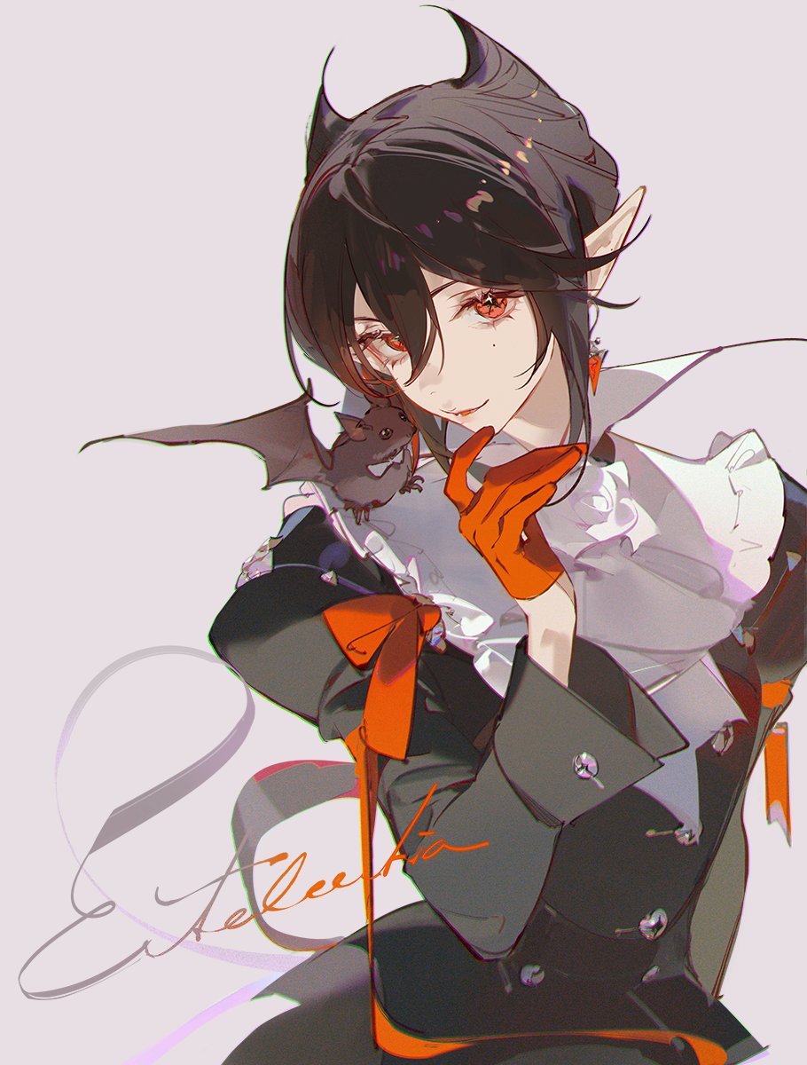 an animestyle illustration depicts a male vampire with pointy ears, black hair, and striking red eyes. he has two small horns on his head. a small bat rests on his shoulder. he is wearing a dark gray uniform with white ruffles at the collar and an orange bow. he is wearing orange gloves on one hand, and his finger is raised up by his mouth, revealing a cheeky smirk and fangs.