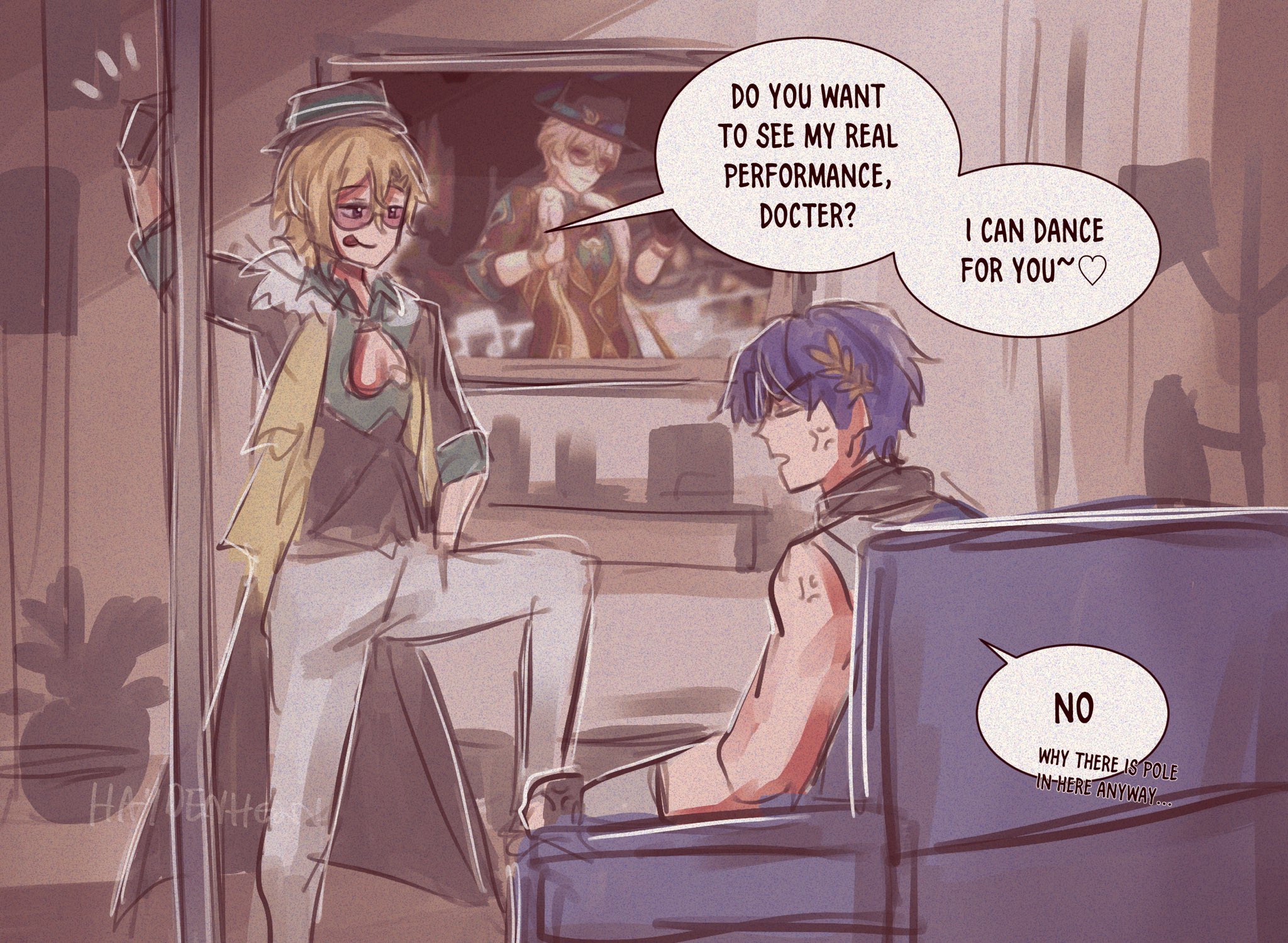 this is a drawing of two animestyle men, one dressed as a doctor and the other as a dancer. they are having a conversation about the dancer's performance. the dancer is holding a microphone, and the doctor is looking at him with an annoyed expression. the dancer is smiling and holding a heart.  there is a television screen behind them that shows a live performance.