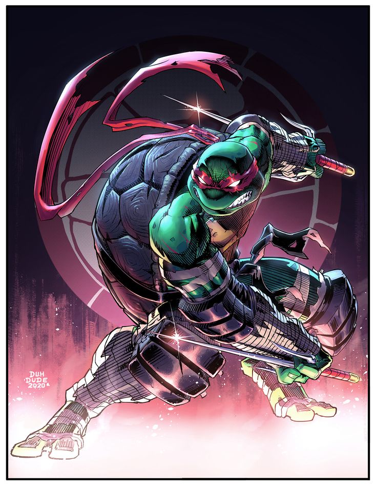 this is a digital illustration of leonardo, one of the teenage mutant ninja turtles. he is in a dynamic pose, as if leaping through the air, ready for battle. he is wielding his twin katanas in his hands, his red mask and green shell are clearly visible. the background is a pink and purple colour scheme, with a large circular shape with a stylized turtle shell pattern in the background. the image has a comic book style aesthetic and looks as though it is meant to be a cover for a comic book.