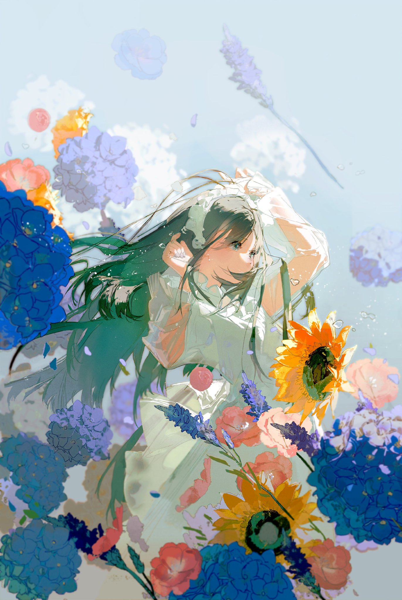 an anime girl with long green hair is surrounded by a sea of blue, purple, pink, yellow, and white flowers. she is wearing a white dress and her hair is flowing in the wind. the sky is light blue and the flowers are all different shapes and sizes. the scene is very colorful and beautiful.