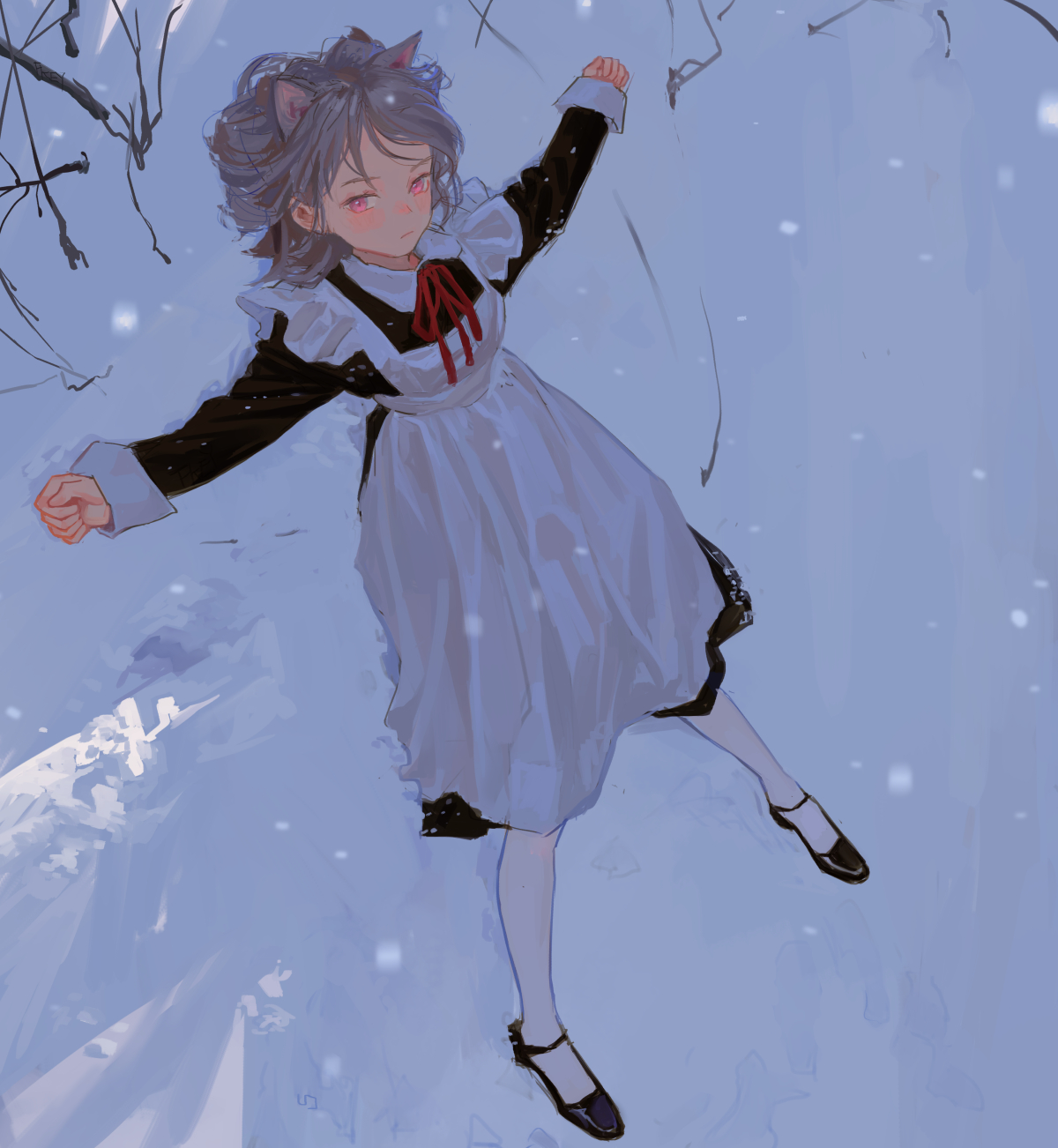an anime girl with cat ears lies in the snow. she is wearing a white maid dress with a black bodice and sleeves, white tights, and black mary jane shoes. she has dark hair and eyes, and a red bow at the neck of her dress. it is snowing.