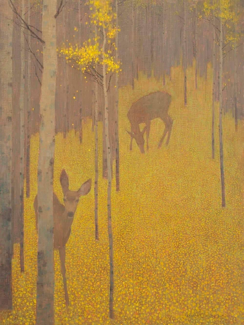 the image is a painting of two deer in a forest. the deer are standing in a field of yellow flowers. the trees in the background are tall and slender, and the leaves are changing color from green to yellow. the sunlight is shining through the trees, creating a warm and inviting atmosphere.