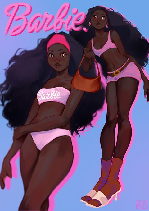 an illustration of two black barbie dolls.  they are both wearing pink outfits. the one on the left is wearing a bikini with a "barbie" logo on the top. she has long black hair and is holding a brown bag. the doll on the right is wearing a pink tank top, shorts, and a pair of purple boots. she has a  pink headband and is holding a brown bag. both dolls are smiling. the image is set against a blue background.