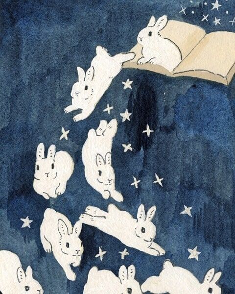 a watercolor painting of white rabbits against a blue starry night sky. the rabbits are falling from the sky, with one sitting on a book. the painting has a whimsical and magical feel, with the rabbits looking cute and playful.