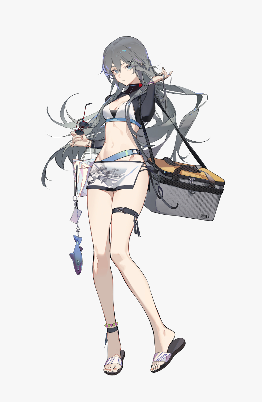 an anime girl with long, gray hair is depicted in a fullbody shot, dressed in summer attire. she wears a swimsuit with a white and light blue top and a white skirt with a black and gray design. over the swimsuit, she has a black jacket. accessories include sunglasses in her hand, a black thigh band on her left leg, and an ankle bracelet on her right foot. she is wearing sandals. a gray and yellow cooler bag hangs from her shoulder. in her left hand, she carries a transparent bag with a hanging fish charm. the background is plain white.