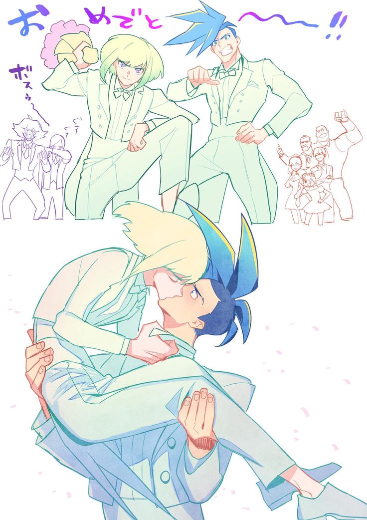 the image is anime fanart depicting galo thymos and lio fotia from the anime promare.  the top section shows both characters in tuxedos, possibly getting ready for a wedding, with other characters in the background also dressed formally.  the main focus is the bottom section which shows lio passionately kissing galo, who is holding lio and lifting him in the air. the art style is soft and pastel, with light blue and green tones dominating the color palette.  the overall mood is romantic and celebratory. japanese text is present in the top portion of the image, likely indicating dialogue or exclamations related to the scene.