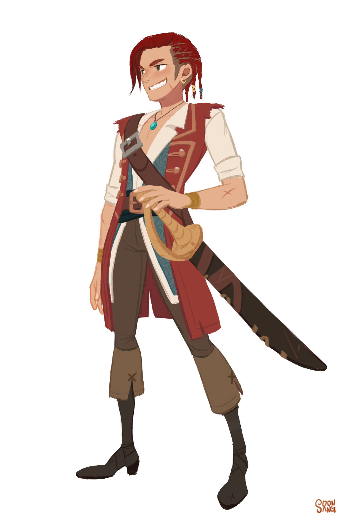 the image shows a digital illustration of a male character concept art. the man has brown skin, red hair styled in braids, and is smiling at the viewer. he wears a pirate costume including a red and white open vest, brown pants, and brown boots. he has a sword with a gold handle on his hip. the background is white.