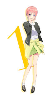 a fullbody image of the anime character itsuki nakano from "the quintessential quintuplets" next to a large yellow "1". she has short pink hair, blue eyes, and is wearing a school uniform with a black jacket, white shirt, and green skirt with a light green wrap. she is standing and has one hand near her face.