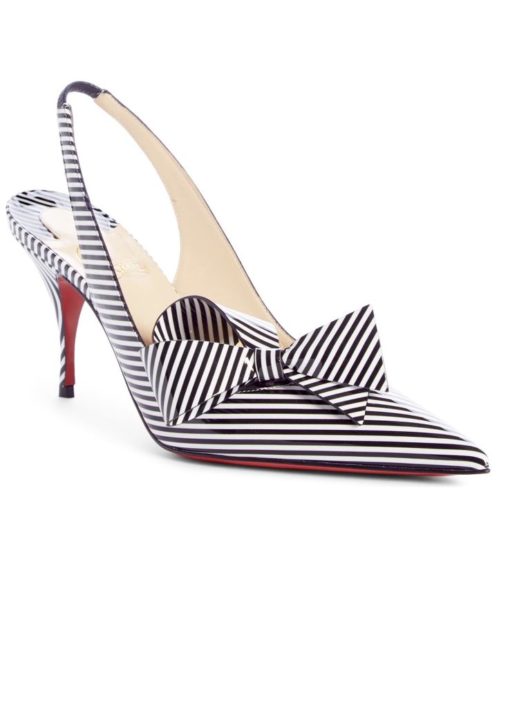 a single christian louboutin slingback pump with a bow. the shoe has black and white stripes and a red sole.