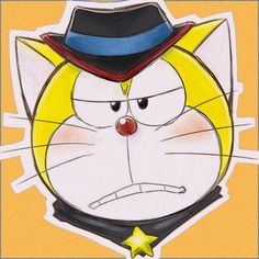 this is an illustration of doraemon, a beloved japanese manga and anime character.  he is a robotic cat from the future. in this picture, he wears a black and red fedora hat and a black collar with a gold star.  he has a grumpy facial expression. the background is a solid yellowish tan.