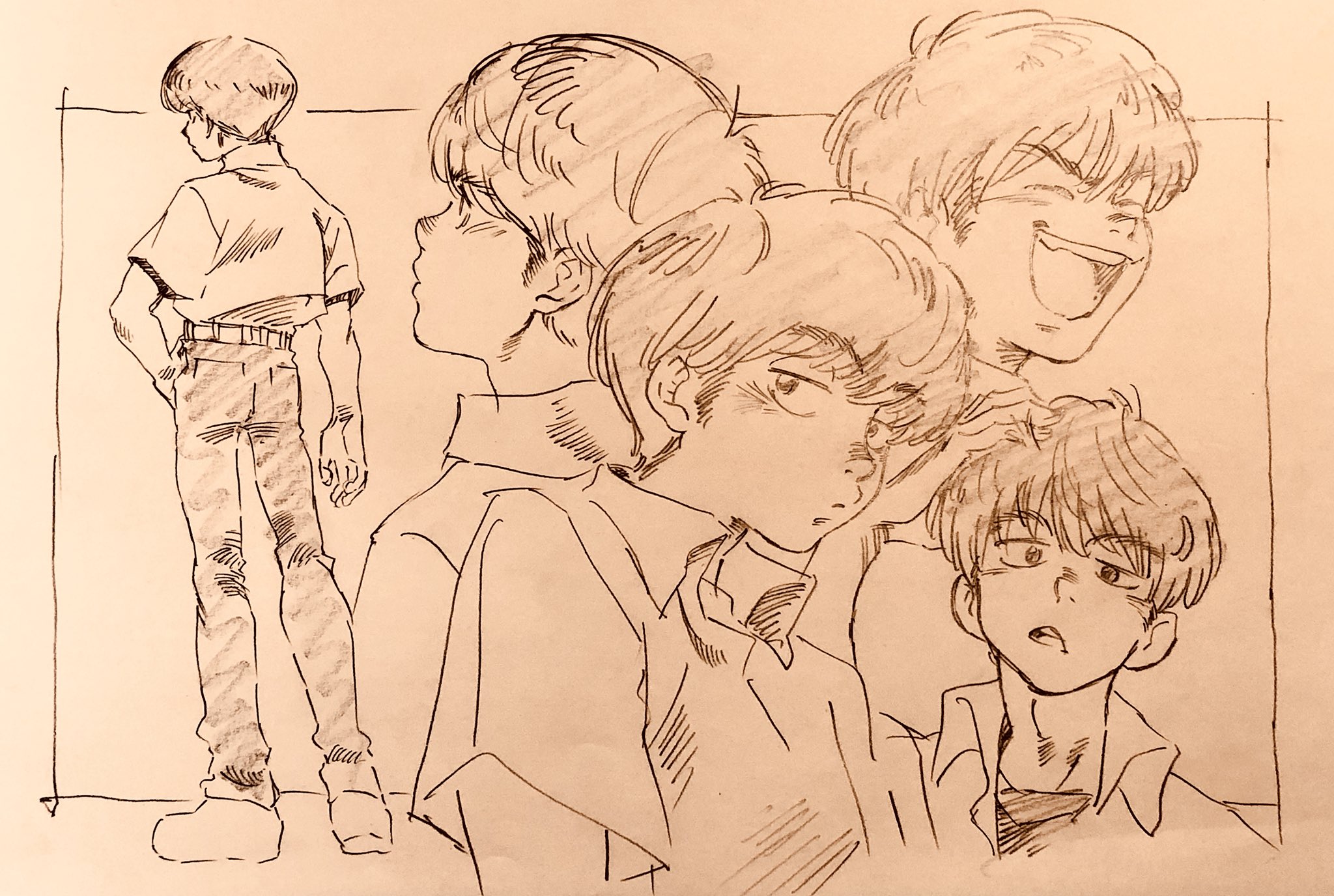 the image is a character design sheet, showcasing a young man drawn in an anime/manga style from multiple angles and with a range of expressions. the artist has used a sketchy, expressive line and shading to give the character a sense of life and personality.