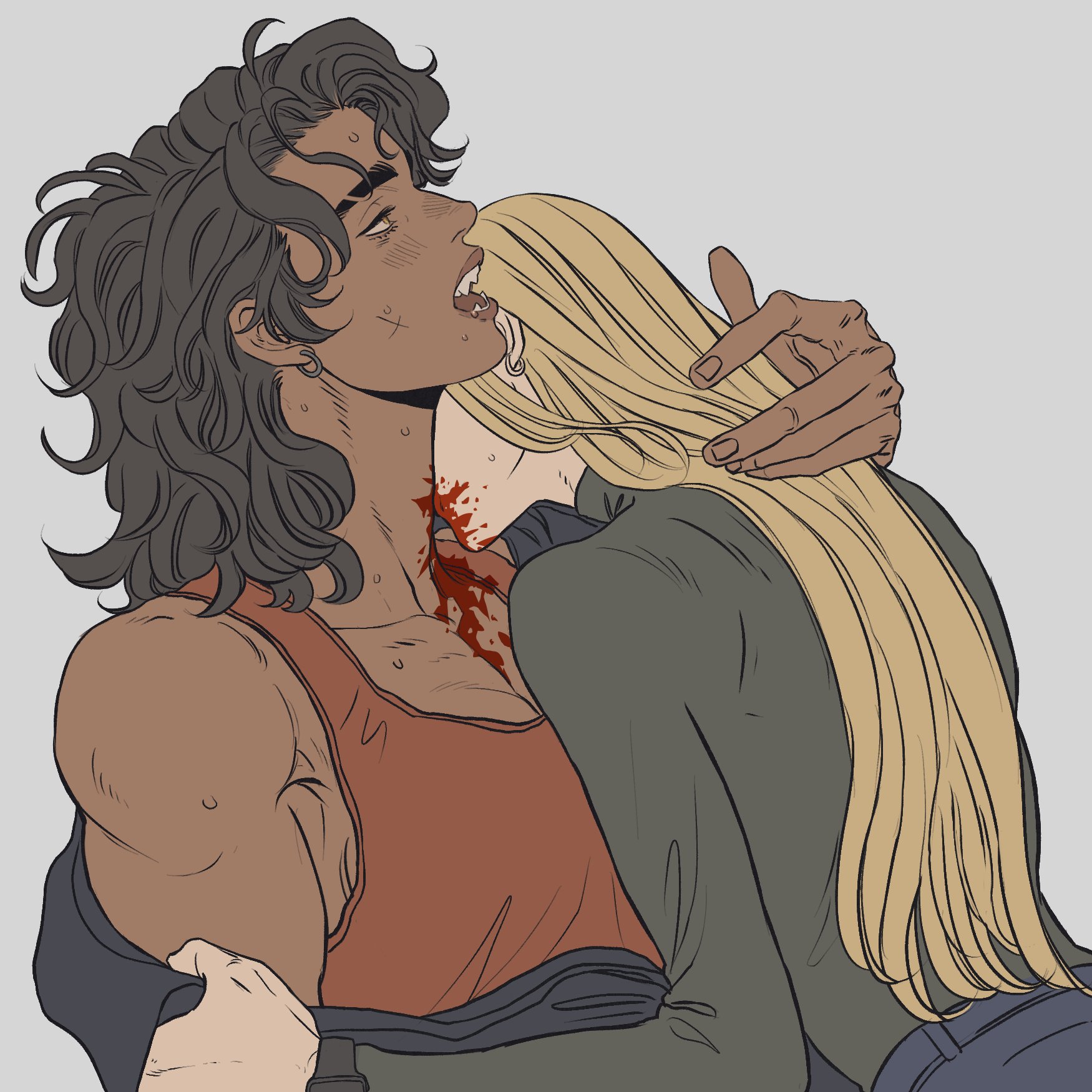 a cartoon drawing of a blonde woman biting a man on the neck and drinking his blood. the man has dark, curly hair and is wearing a tank top. he has several wounds on his face. the woman is wearing a jacket. there is blood all over the man's neck and chest.
