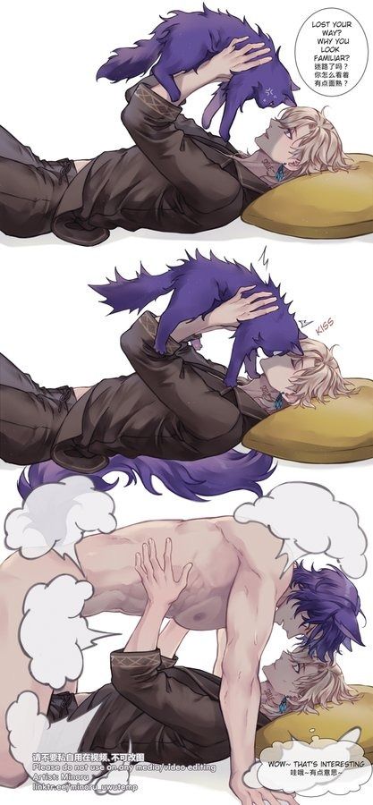 he image is a yaoi fanart depicting two attractive men interacting with a purple cat. the first panel shows one man cuddling the cat while lying down, the second panel shows the same man kissing the cat, and the third panel depicts a more intimate scene between the two men. the art style is soft and romantic, with delicate linework and muted colors.  the text in the image includes phrases like "lost your way?", "why you look familiar?", and "kiss," which adds context to the story.
