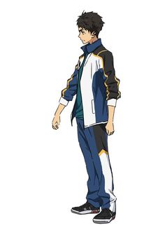 a young adult male anime character with short brown hair and brown eyes is standing in a side profile. he is wearing a blue, black, and white tracksuit. the jacket has yellow accents and white stripes on the sleeves. the pants have a white stripe down the side. he is wearing black and white sneakers.  the background is white.