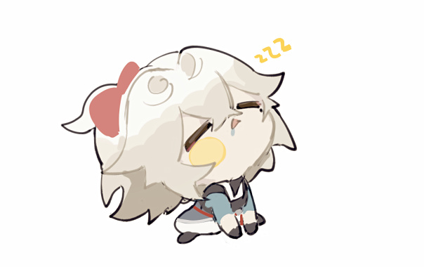 a cartoon drawing of a whitehaired girl with a red bow sleeping and drooling. the girl is drawn in a chibi style with large, round eyes. she is wearing a blue and white outfit. the background is white.