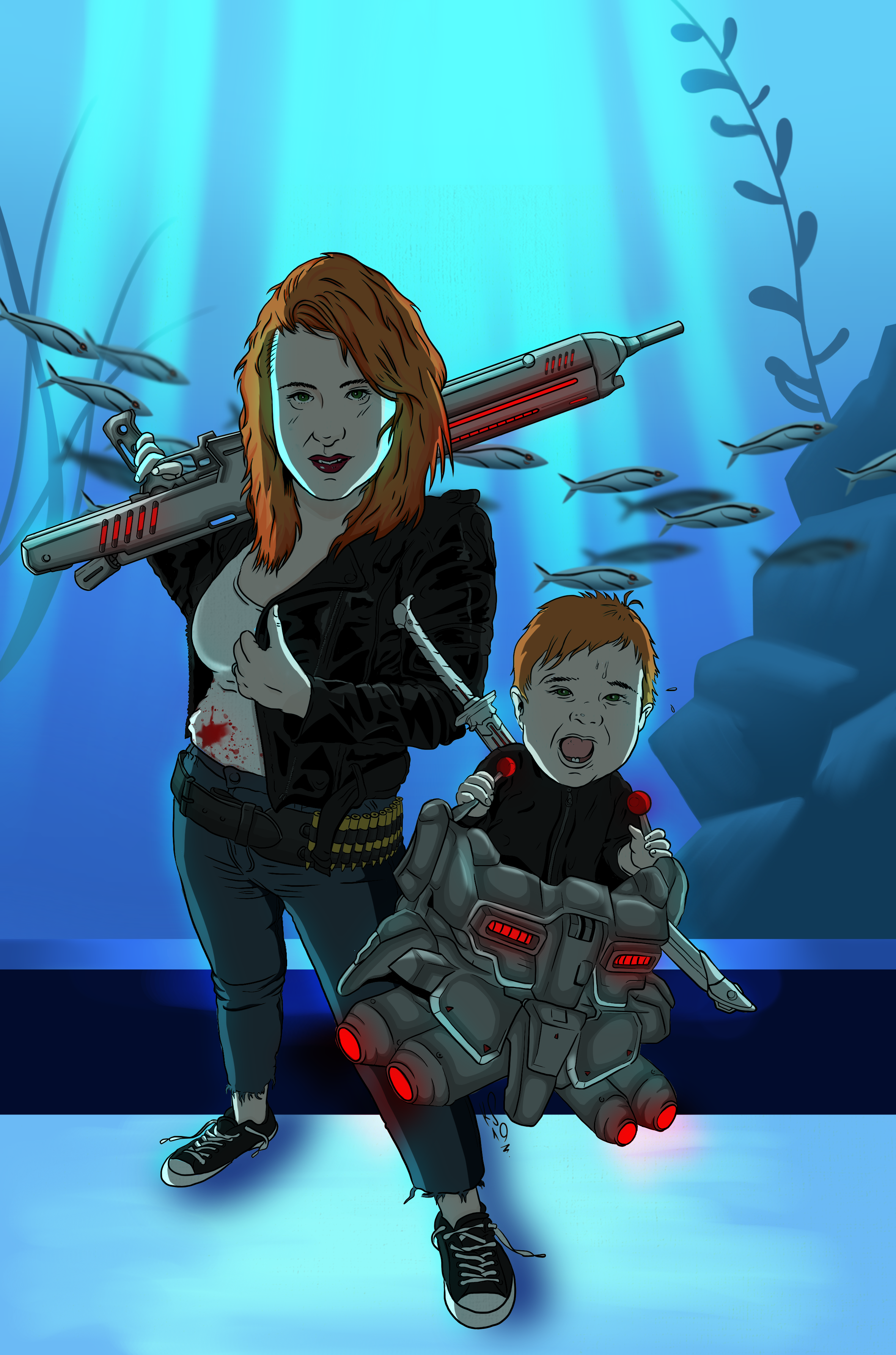 the illustration depicts a woman with vibrant red hair, dressed in a black leather jacket and jeans, wielding a futuristic weapon resembling a rifle. she stands with a young child who is seated in a small, technologically advanced mechlike vehicle. the background is an underwater scene with glowing blue light and fish swimming. the overall style is a blend of cyberpunk and fantasy, with a hint of grunge. the woman's attire and the child's futuristic vehicle suggest a dystopian or postapocalyptic setting.  a bloodstain on her jacket suggests possible combat. the image has a dynamic composition, with the woman and child prominently featured against the aquatic background.