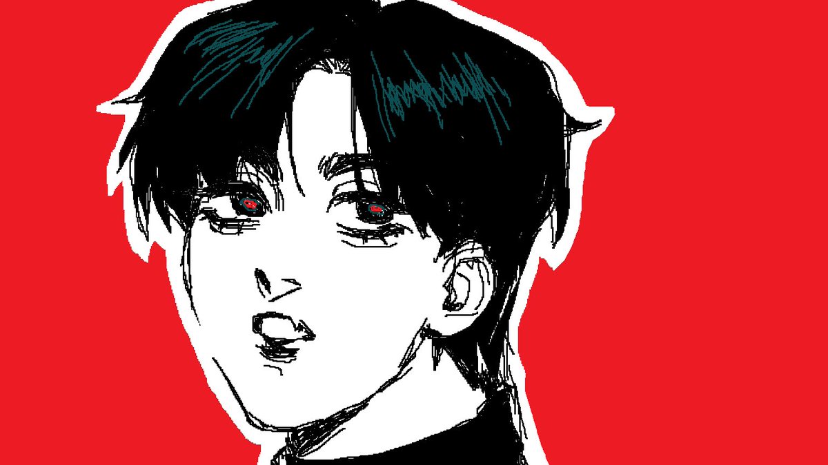 the image is a stylized, minimalist portrait of an anime or mangastyle boy. he has short, black hair and striking red eyes. his expression is intense and perhaps slightly angry or defiant. the art style is simple, using bold lines and minimal shading.  the background is a solid, bright red, which contrasts sharply with the black and white of the figure. the overall feel is graphic and expressive.