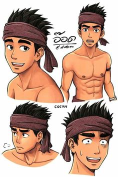this captivating illustration showcases a young, athletic man in various poses and expressions, all rendered in a vibrant and engaging manga style. he is barechested, highlighting his welldefined muscles, and wears a distinctive dark headband that frames his short, spiky hair.