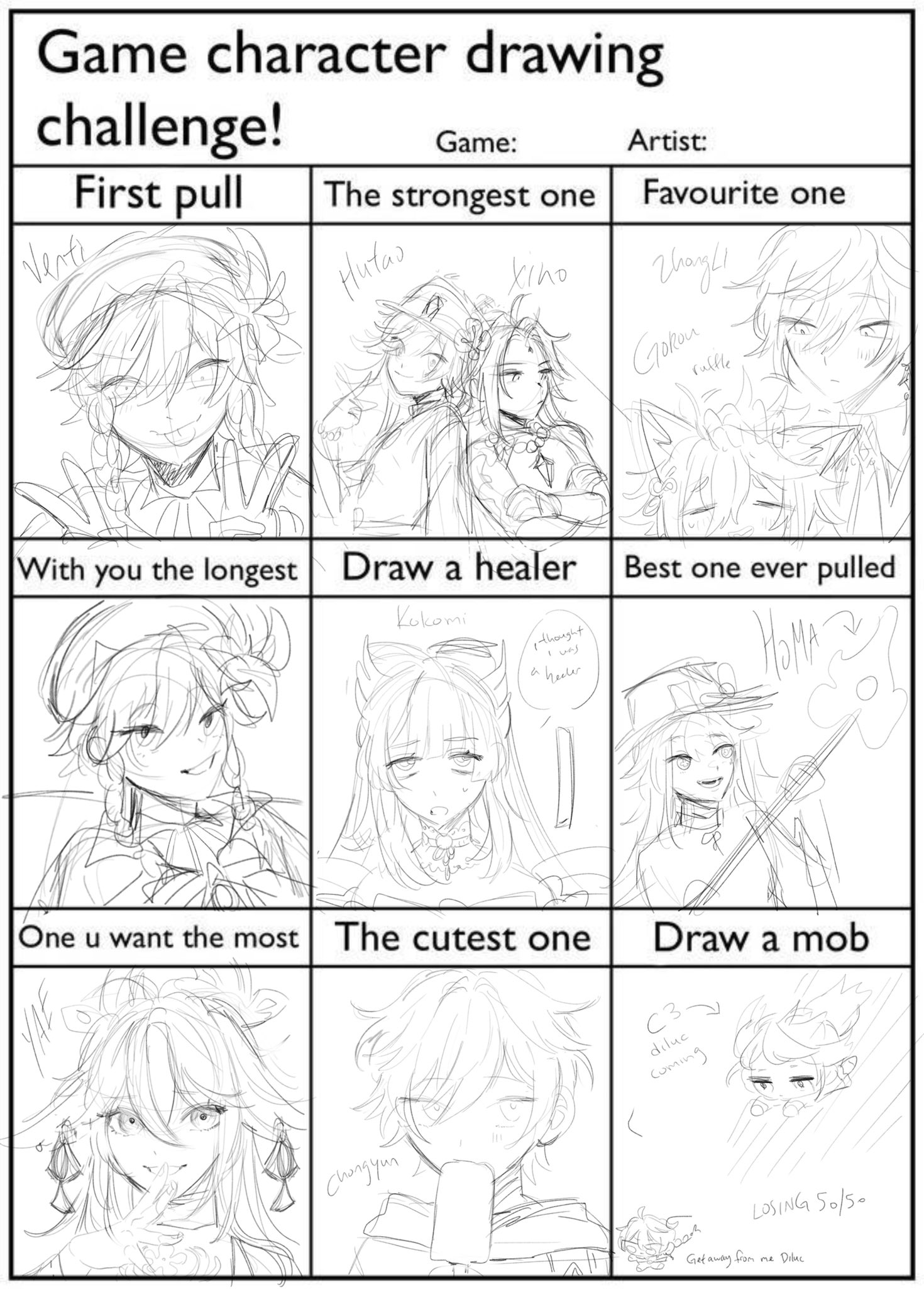 this is a meme image with a grid of nine squares. each square has a different prompt for drawing a genshin impact character. the prompts are "first pull," "the strongest one," "favorite one," "with you the longest," "draw a healer," "best one ever pulled," "one u want the most," "the cutest one," and "draw a mob." there are also sketches of characters in each square to help with the drawing.