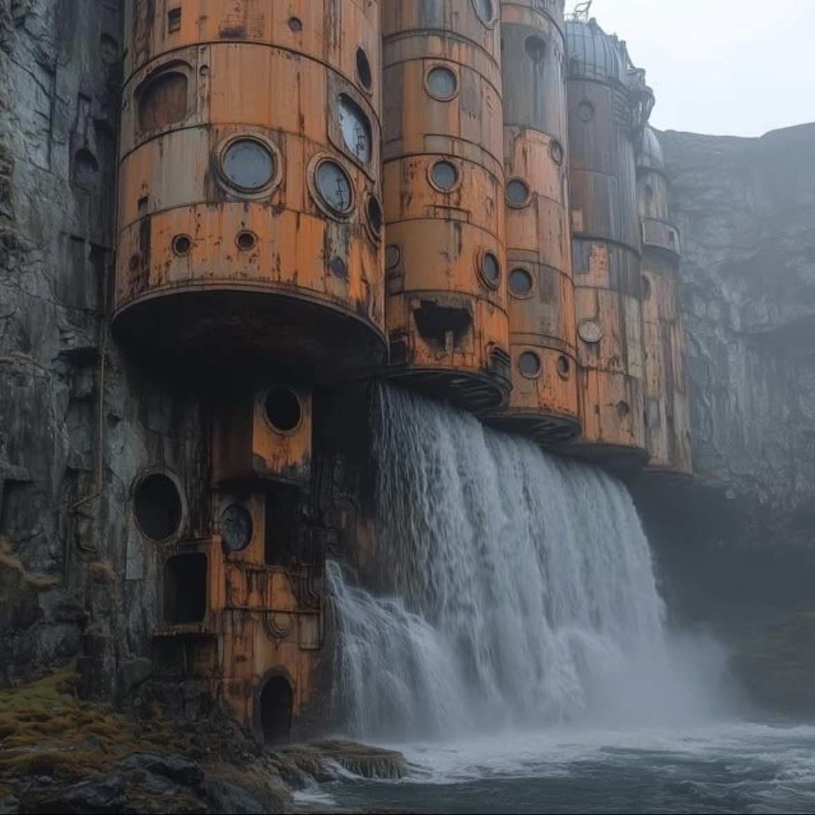 a large waterfall pours out of a rusty, industrial building that is built into the side of a cliff. the building is old and appears to be abandoned. the sky is cloudy and the air is misty. it looks like a scene from a fantasy film.