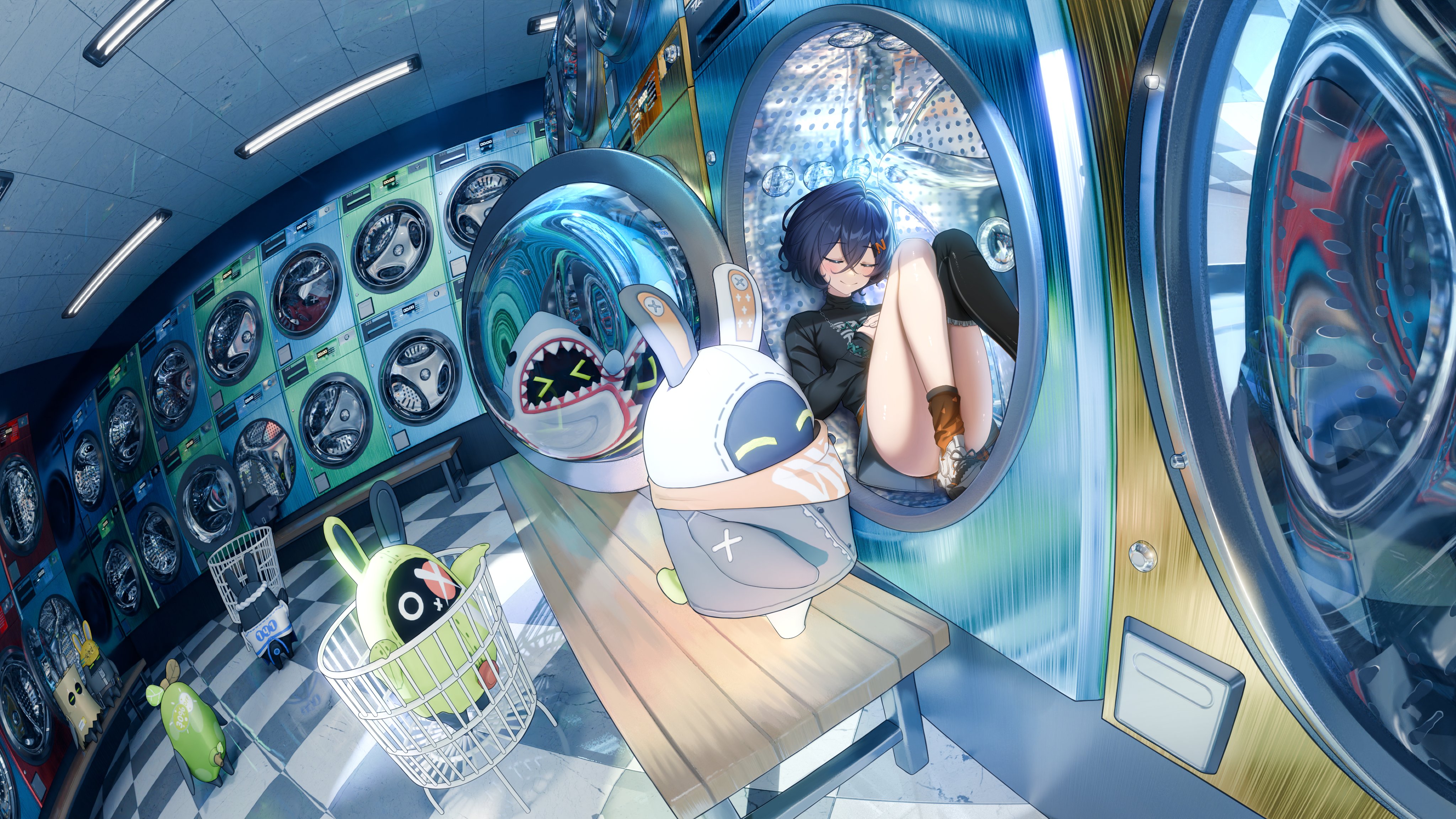 the image is a vibrant, whimsical digital illustration featuring an anime girl sleeping inside a large, futuristic washing machine in a laundromat. the scene is filled with colorful, cartoonish elements, including robotlike figures resembling bunnies and a shark, all set against a background of numerous washing machines with reflective glass doors. the perspective is dynamic and slightly fisheye, creating a surreal and engaging view.  the overall mood is one of relaxation and playful fantasy. the colors are bright and saturated, emphasizing the fantastical nature of the setting.