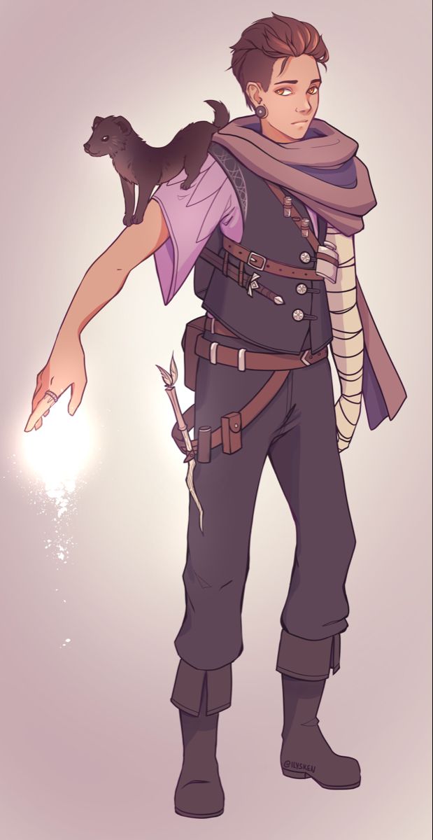 the image is a fullbody illustration of a young male fantasy character. he appears to be a wizard or sorcerer, judging by his attire and the glowing light emanating from his hand.  he's wearing a purple shirt, dark waistcoat, brown pants tucked into high boots, a scarf, and has a small dark ferretlike creature perched on his shoulder. he carries a staff or wand and has a somewhat serious expression on his face. the style is animeinfluenced, with smooth lines and soft colors. the background is a simple, muted purple. the overall mood is mystical and adventurous.