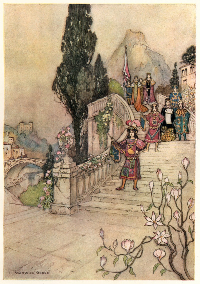 the artwork illustrates a scene with royal figures descending a grand staircase. a page or herald stands at the front, followed by members of the court and a king and queen under a flag on a bridge. the staircase is adorned with flowers and leads to a garden with a blooming magnolia bush. in the background, a distant castle is visible across a bridge, and a mountain looms in the distance. the illustration is signed "warwick goble."