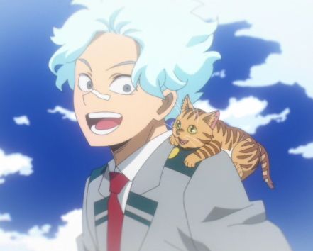 an anime character with blue hair is smiling happily. he is wearing a school uniform with a red tie. he is holding a small, orange and brown kitten on his shoulder. they are standing in front of a blue sky with white clouds.