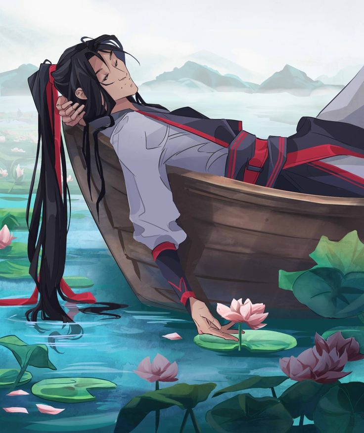 the image is a digital painting or illustration featuring an animestyle young man with long black hair, dressed in traditional chinese clothing with red accents. he's lying down in a small wooden boat on a serene body of water, surrounded by vibrant pink lotus flowers and lily pads.  the background depicts a misty, mountainous landscape, adding to the overall peaceful and tranquil atmosphere.  the man appears relaxed and at peace, gently touching a lotus flower. the art style is soft and painterly, with a focus on color and mood.