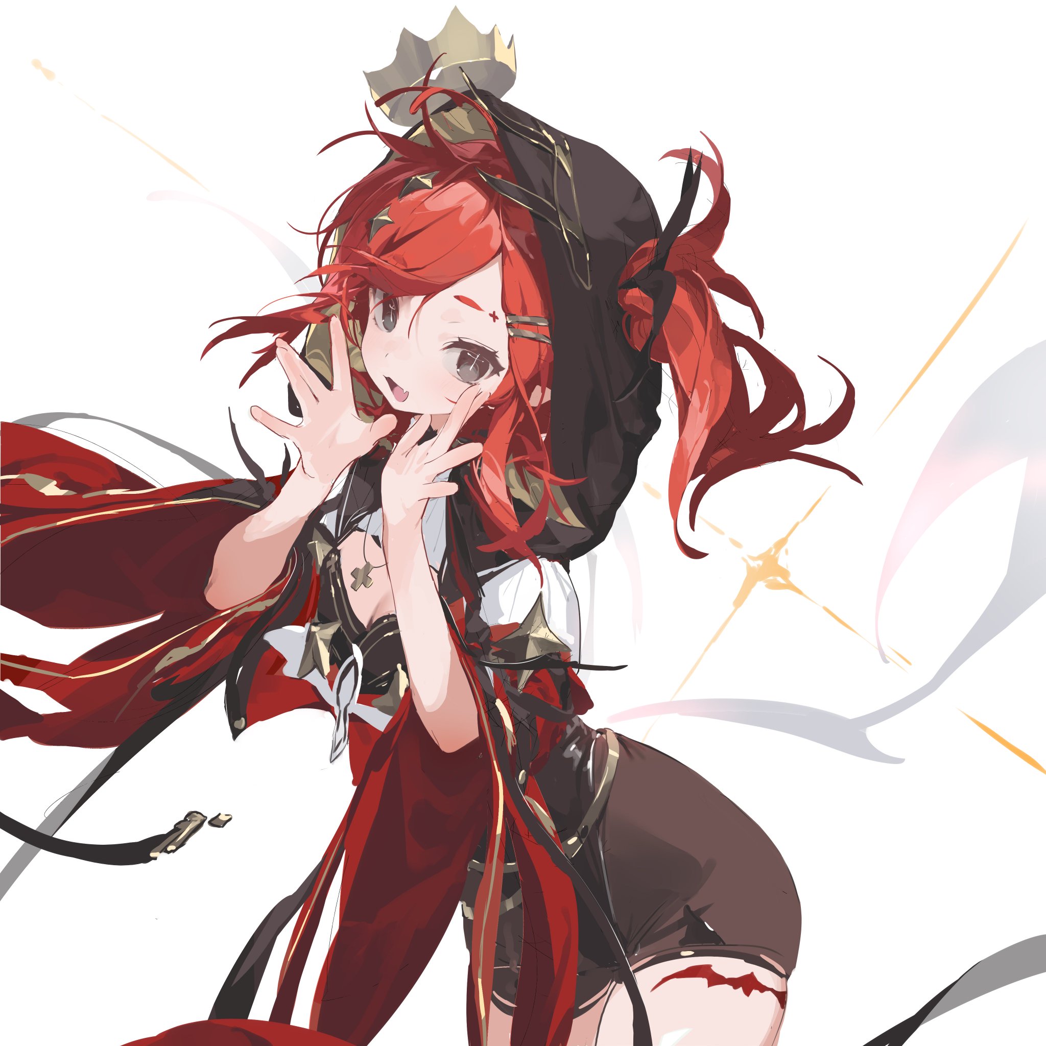 the image is a digital painting or illustration of an animestyle female character.  she has vibrant red hair styled in a high ponytail, partially concealed by a dark hooded cloak with gold accents. her outfit is a mix of dark and red clothing, suggesting a fantasy or magical girl aesthetic. she is posed dynamically, with her hands up near her face in a playful or expressive gesture. the background is mostly white with soft, glowing sparkles, emphasizing the character. the art style is stylized and vibrant, with a focus on dynamic lines and bright colors. the overall impression is of a cute, energetic, and possibly magical character from a video game or anime.