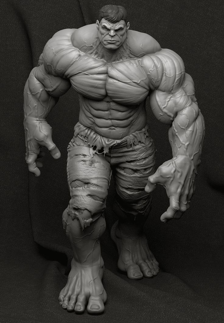 a grayscale image showcasing a highly detailed sculpture of the hulk. the hulk is standing with his feet apart, arms slightly bent, and his expression is menacing. the sculpture captures the hulk's immense muscularity and powerful physique. the background is a dark, neutral studio backdrop that allows the details of the sculpture to stand out. the lighting is soft and even, highlighting the form and texture of the sculpture.