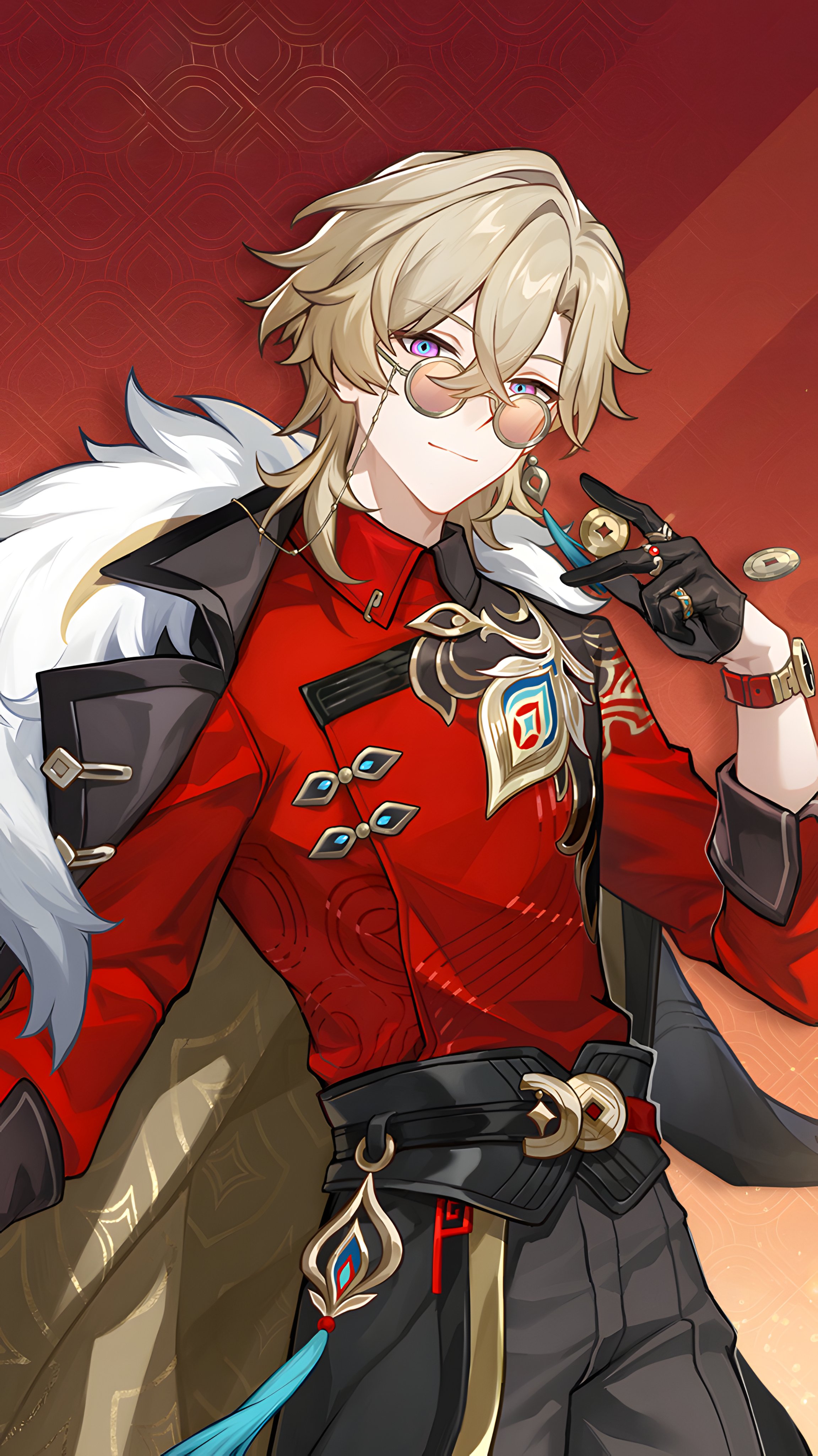 his is a digital fanart of zhongli from genshin impact. he is depicted in a lavish, elegant red and gold chineseinspired outfit, complete with a furtrimmed coat and ornate accessories. his expression is one of subtle amusement or confidence as he holds some coins in his gloved hand. the style is reminiscent of anime and manga, with detailed rendering of clothing, hair, and eyes.  the background is a simple red with a subtle pattern, drawing focus to the character. the overall piece is very detailed and beautifully rendered.