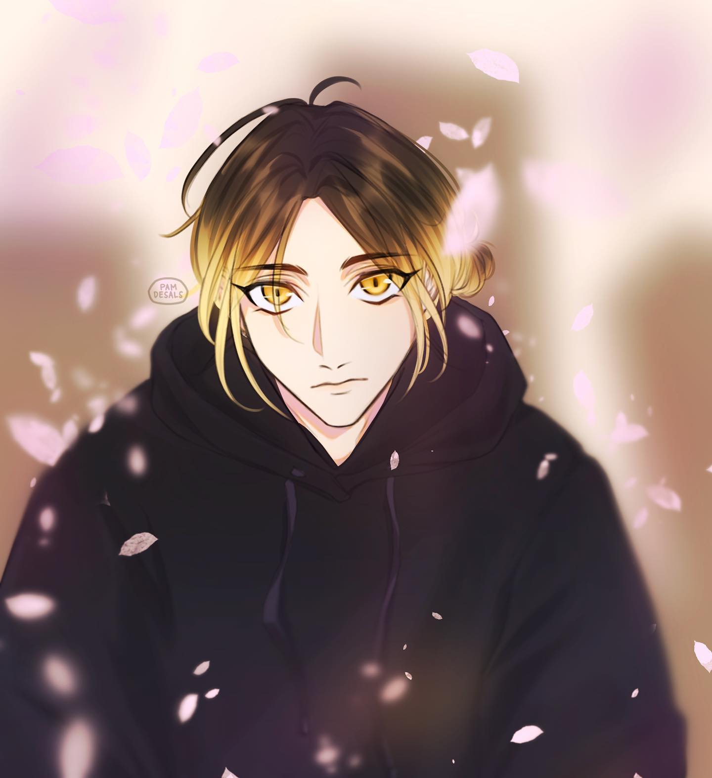 the image is a digital fan art illustration of a young man, styled in an anime/manga aesthetic.  he has shoulderlength hair that is predominantly dark brown with streaks of blond, and striking goldenyellow eyes. he’s wearing a black hoodie and has a calm, somewhat pensive expression on his face. the background is softly blurred with a warm, light beige tone and features falling cherry blossom petals that create a peaceful and slightly dreamy atmosphere.  the style is soft and delicate, with a focus on the character's gentle features and the ethereal quality of the background. the artist's watermark is subtly visible. the character's appearance strongly suggests he is based on oikawa tooru from the anime haikyuu!!, though this is not explicitly stated.