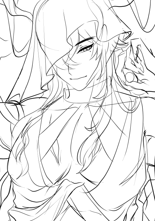 this is a sketch of an anime character, a young woman with long hair and a dress. the sketch is done in black and white and shows the woman with closed eyes.