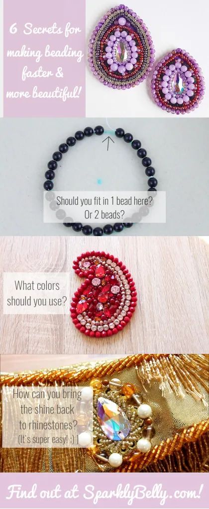the image is an advertisement or informational graphic focused on beading and embellishment techniques. it poses a series of questions related to beading projects, such as how many beads to fit in a space, color choices, and how to restore the shine to rhinestones. the image also features examples of finished beadwork and embellishments. the goal is to encourage the viewer to visit sparklybelly.com to find answers and learn more.