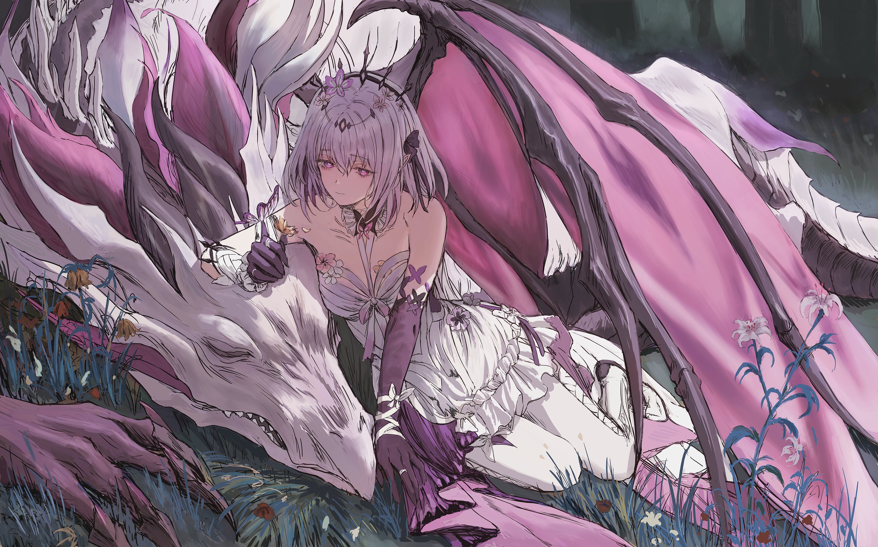 a fantasy anime illustration of a purplehaired girl in a white and purple dress, lying on a white dragon with purple wings in a forest setting. the scene is filled with flowers and a serene atmosphere.